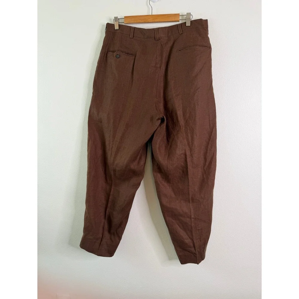 Men's Brown Pleated Trousers Linen Look Relaxed Fit Old Money Coastal 35 Waist